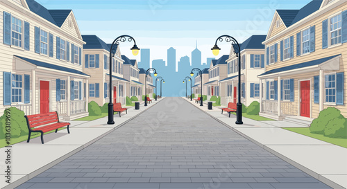 Detailed Vector Illustration of a Classic American Suburban Neighborhood Street Lined with Identical Houses, Ornate Street Lamps, Benches, and a Distant Metropolis.Detailed 