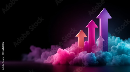 Colorful cloud of smoke with four arrows pointing upwards. Concept of growth and progress, as the arrows rise higher