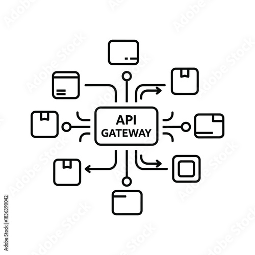 API Gateway connecting various services and applications in a distributed system architecture, illustrating data flow and microservices integration