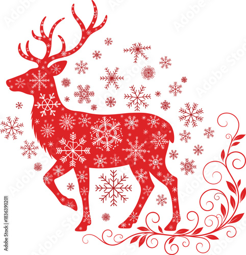 Distressed Red Vector Silhouette of a Reindeer with Antlers, Snowflakes, and Christmas Swirls