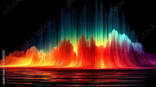 Colorful, abstract painting of a landscape with a blue sky and a body of water. The colors are vibrant