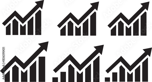 Collection of black silhouettes representing upward trending financial growth charts and statistics