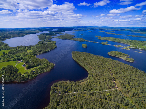 Aerial view of islands on Vuoma lake north of Kuusamo, Finland