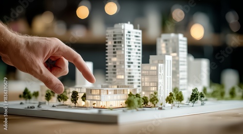 Fototapeta Naklejka Na Ścianę i Meble -  Hand is pointing at a model of a city. The buildings are tall and white, and there are trees in the foreground