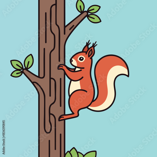 Red Squirrel Climbing Tree Trunk