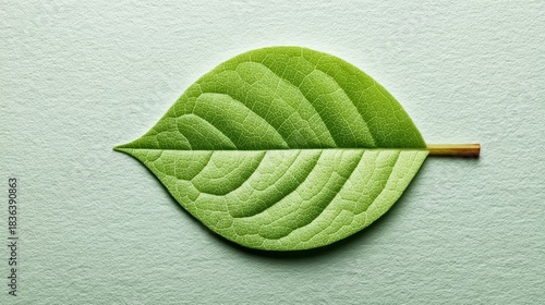 Leaf is shown on a white background. The leaf is green and has a lot of detail
