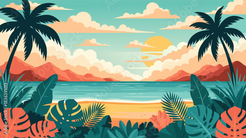 Beautiful tropical beach scene with palm trees, lush foliage, and a vibrant sunset over the ocean, evoking a sense of paradise and relaxation