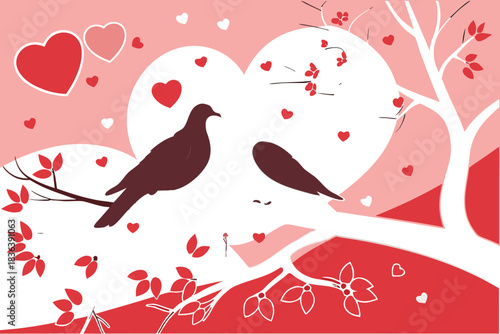 Lovebirds doves on branch with hearts in romantic pink red illustration