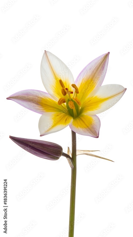 Naklejka premium Close-up of a vibrant white and yellow lily flower with a closed bud on a white background.