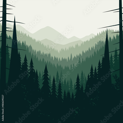 Serene Forest Landscape with Layered Mountain Ranges and Silhouetted Pine Trees in a Misty Morning