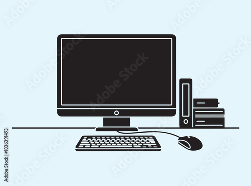 Organized computer workstation silhouette in solid black on crisp white background
