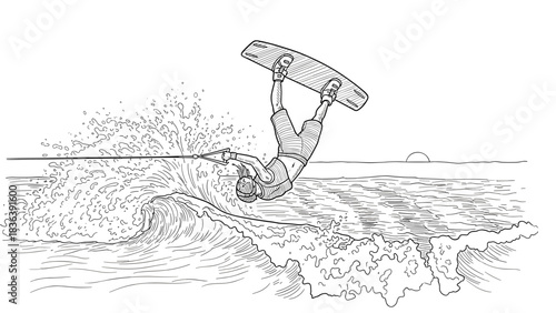 Dynamic wakeboarding: ink style showcasing stunts on the waves