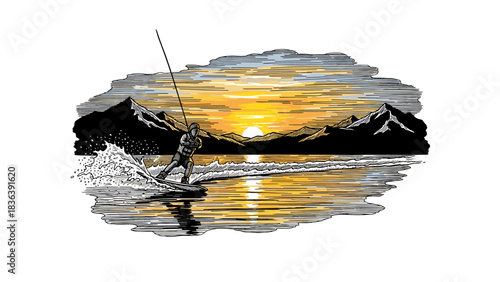 Sunset watersport adventure in scenic mountain lake landscape with dynamic sky