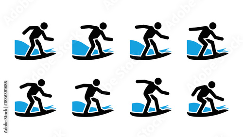 Dynamic surfing icons set with abstract wave elements in iconic style