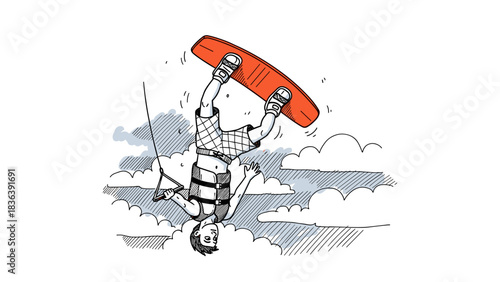 Dynamic kite surfer in action, freestyle jump over ocean waves with cloudy sky backdrop