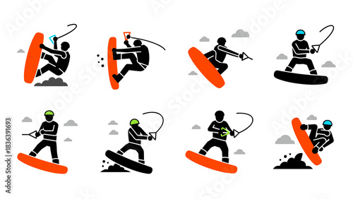 Dynamic wakeboarding silhouettes in action with minimalist design