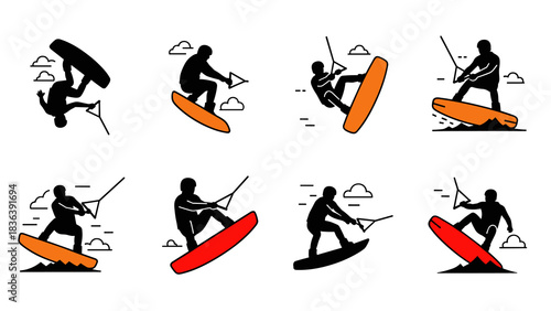 Dynamic wakeboarding silhouettes with bold accents and outdoor adventure theme