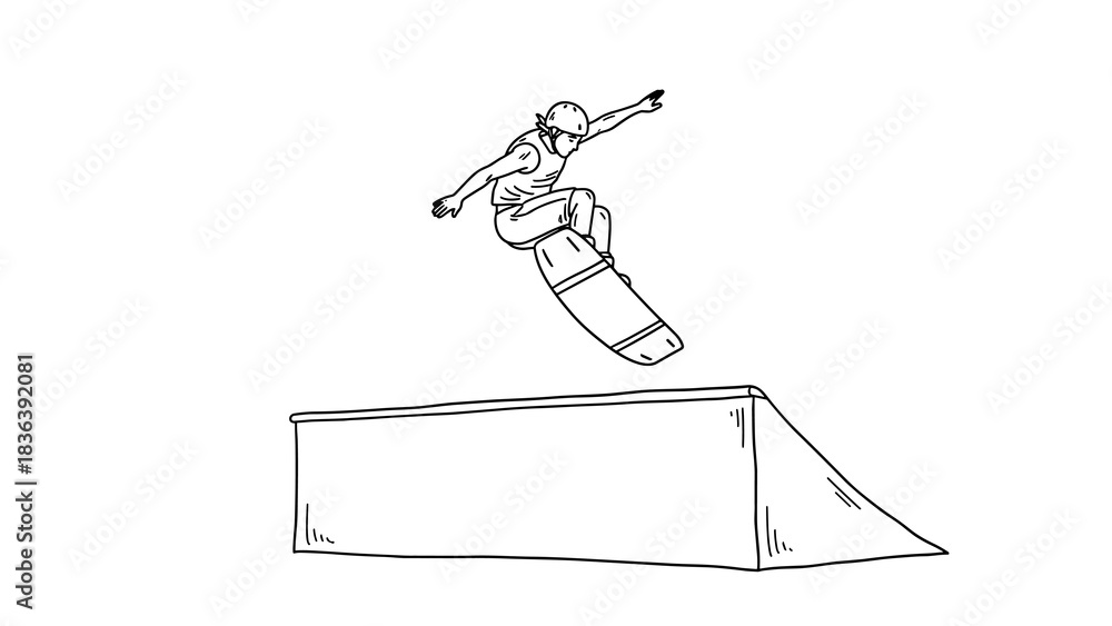 Fototapeta premium Dynamic skateboarder performing stunt on ramp in energetic line art style