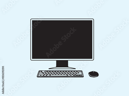 Clean line-art silhouette of workstation with monitor keyboard and mouse isolated on white

