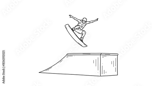 Skater performing jump on ramp in dynamic line art