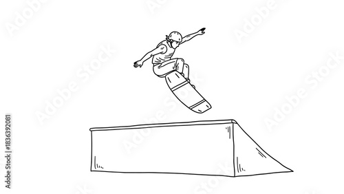 Dynamic skateboarder performing stunt on ramp in energetic line art style