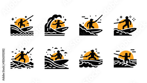 Surfing adventure icons with dynamic waves and sun in minimalist design