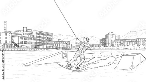 Wakeboard enthusiast riding in urban water park scene