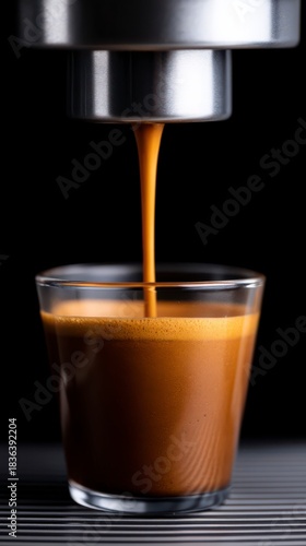 Espresso Pouring from Stainless Steel Portafilter into Glass Cup