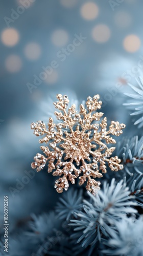 Intricate Shimmering Gold Snowflake on Frosted Pine Needle Background