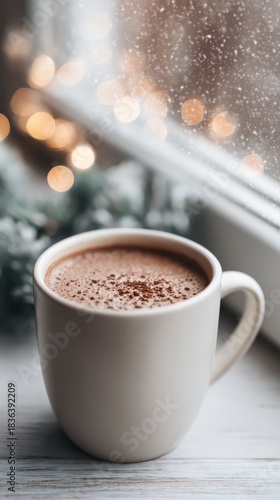 Steaming Hot Cocoa Mug on Windowsill with Snowy Background