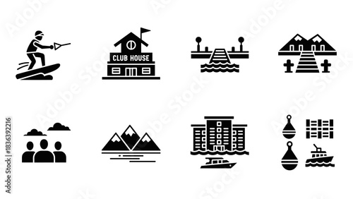 Silhouette icons of water sports and leisure activities at a marina resort