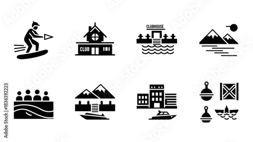 Silhouette watersports and clubhouse icons set for nautical themes and adventure designs