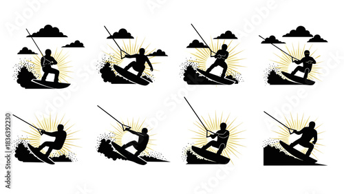 Dynamic wakeboarding silhouette set with energetic poses and sunburst elements
