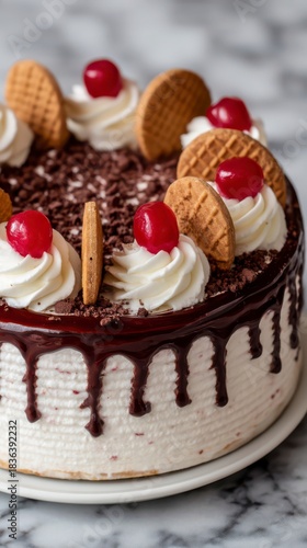 Festive Ice Cream Cake Decorated with Chocolate and Cherry Toppings