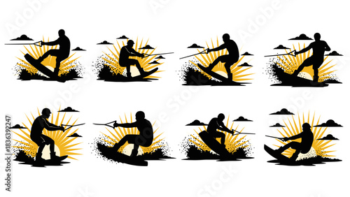 Dynamic silhouettes of wakeboarders in action with sunburst backgrounds