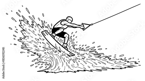 Dynamic wakeboarding adventure with splashing waves in black and white line art