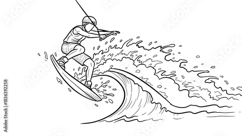Dynamic line art of wakeboarder riding wave with powerful splash