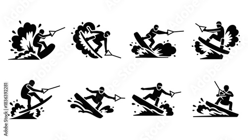 Dynamic silhouette set of wakeboarding icons: high energy sports poses and motions