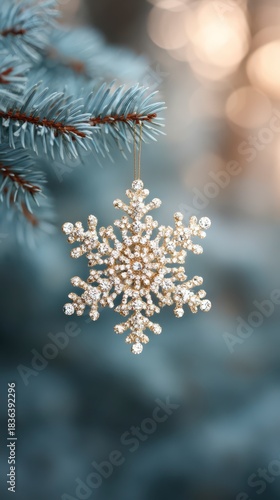 Elegant Snowflake Ornament Hanging on Snowy Evergreen Branch