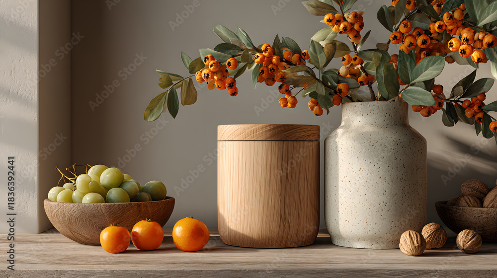 custom made wallpaper toronto digitalMinimalist arrangement featuring wooden container, ceramic vase with orange berries, and bowl of grapes and walnuts on wooden surface. Natural light enhances serene setting