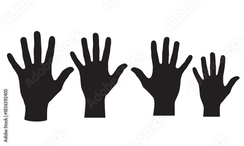 Four black hand silhouettes of varying sizes against a white background