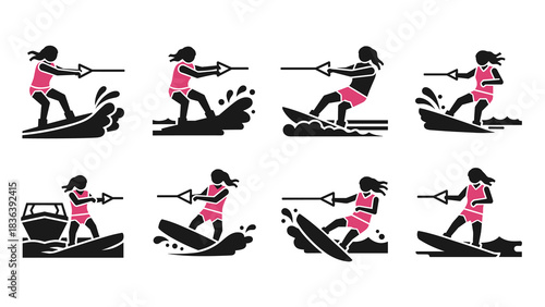 Silhouette water skiing set: stylish action poses for active summer designs