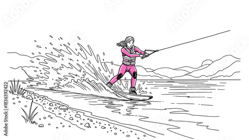 Female wakeboarder riding waves in monochrome line art