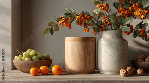 Wallpaper Mural Minimalist arrangement featuring wooden container, ceramic vase with orange berries, and bowl of grapes and walnuts on wooden surface. Natural light enhances serene setting Torontodigital.ca