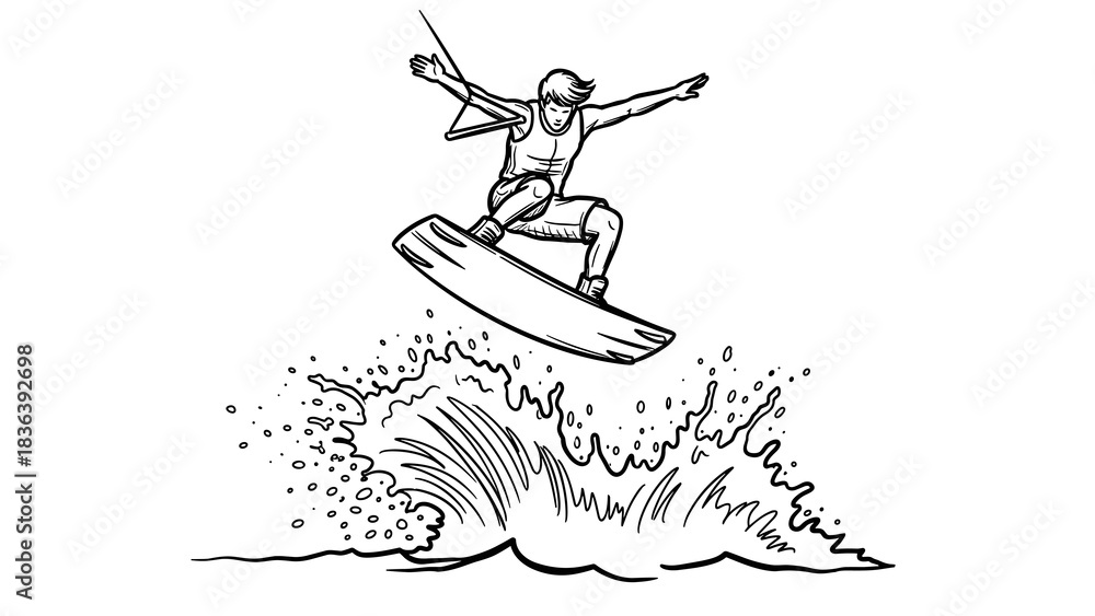 Fototapeta premium Dynamic wakeboarding adventure: thrilling splash and ride scene in black and white art