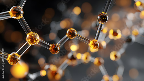 Close up view of molecular structure with glowing orange and black spheres connected by transparent rods, representing concept in medical nanotechnology