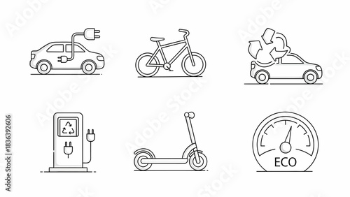 A collection of line art icons representing sustainable transportation, including an electric car, bicycle, scooter, and charging station for green energy concepts