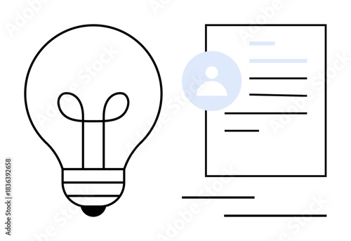 Innovation, personal branding, identity, creativity, resume building, profile creation. Lightbulb and document with user icon. Innovation and personal branding