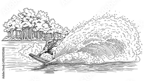 Dynamic black and white line art of wakeboarding on a lake with forest background