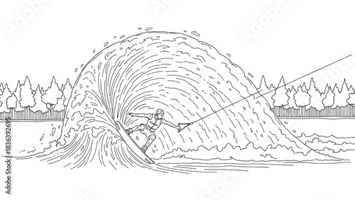 Dynamic wakeboarding adventure in black and white outline
